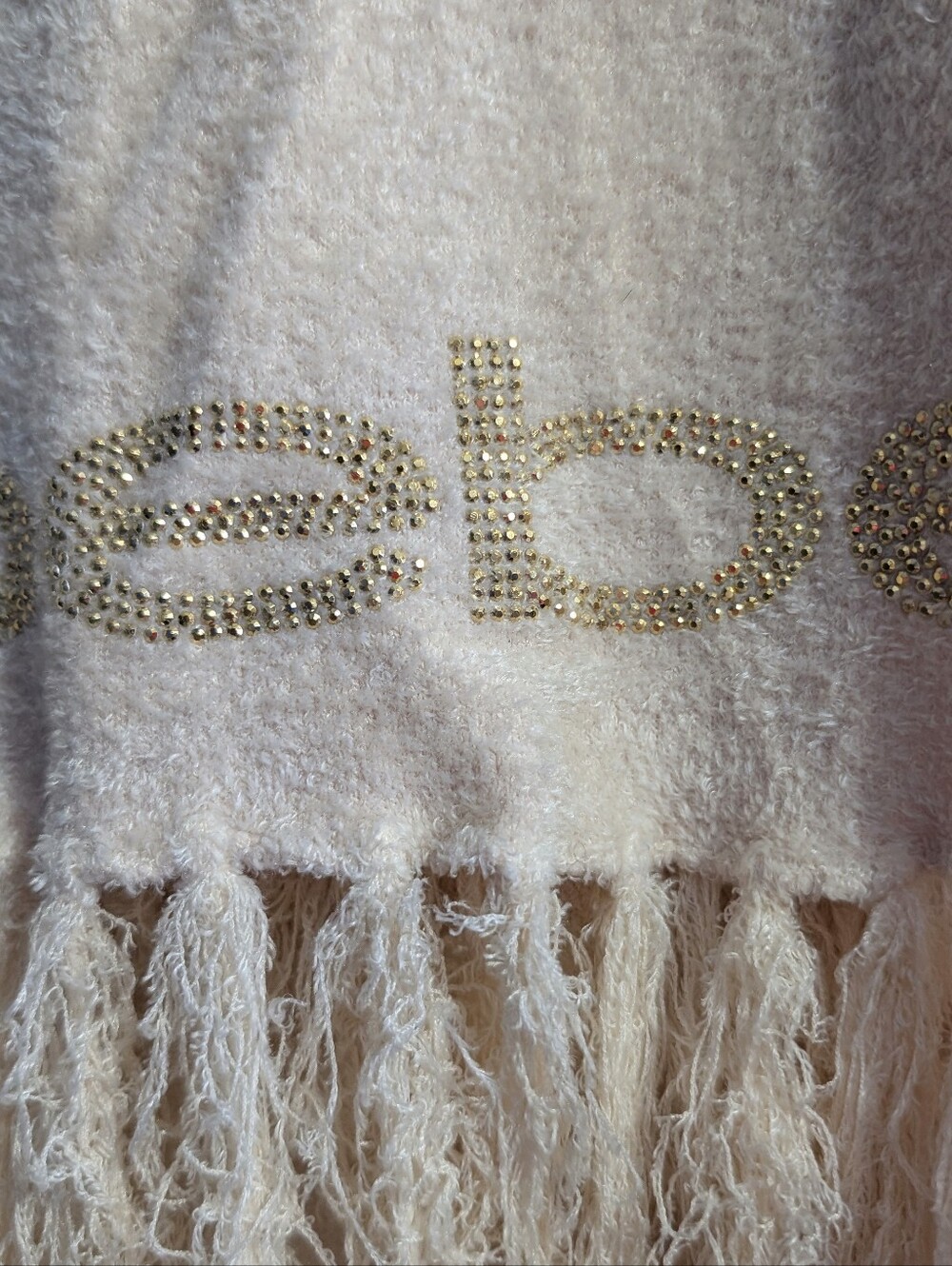 bebe Light 🍑 Peach Knit Fringe Scarf with Gold Bling Logo Accent - Picture 3 of 8